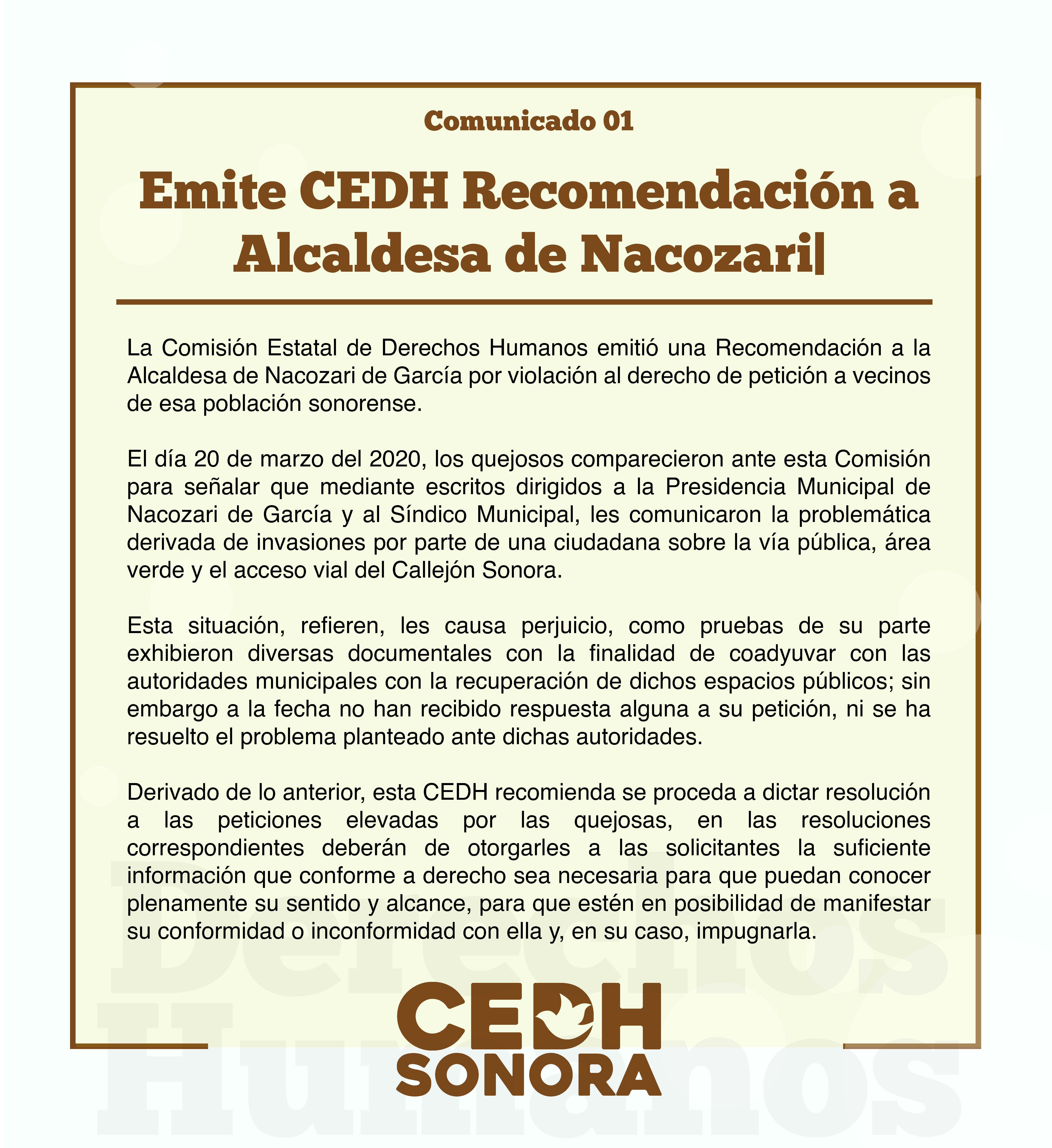 Emite CEDH Recomendación a Alcaldesa de Nacozari
